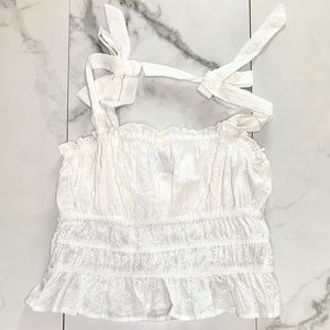 White puffy tie shoulder top